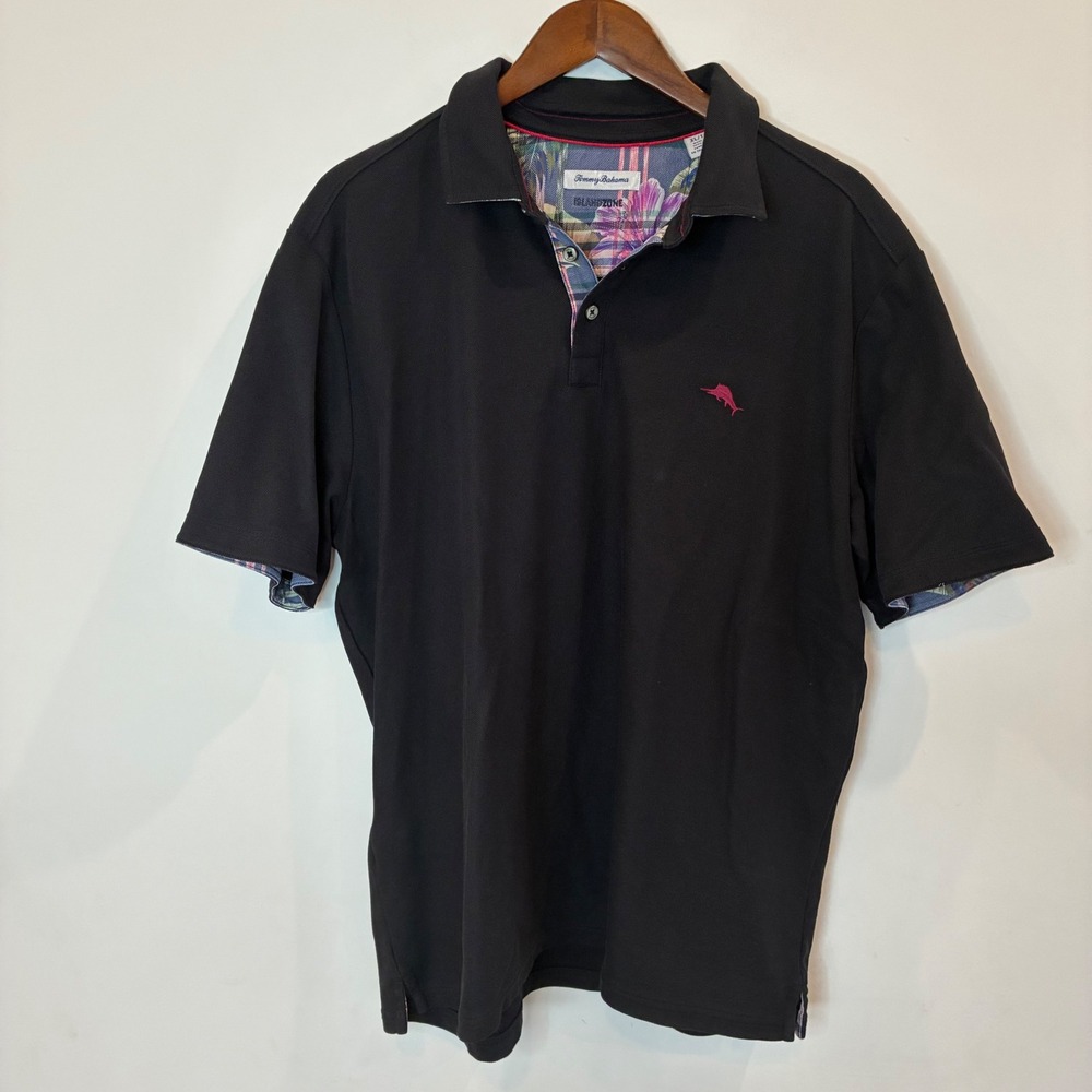 Tommy Bahama IslandZone Black Supima Cotton Blend Polo Shirt XL Floral Trim
